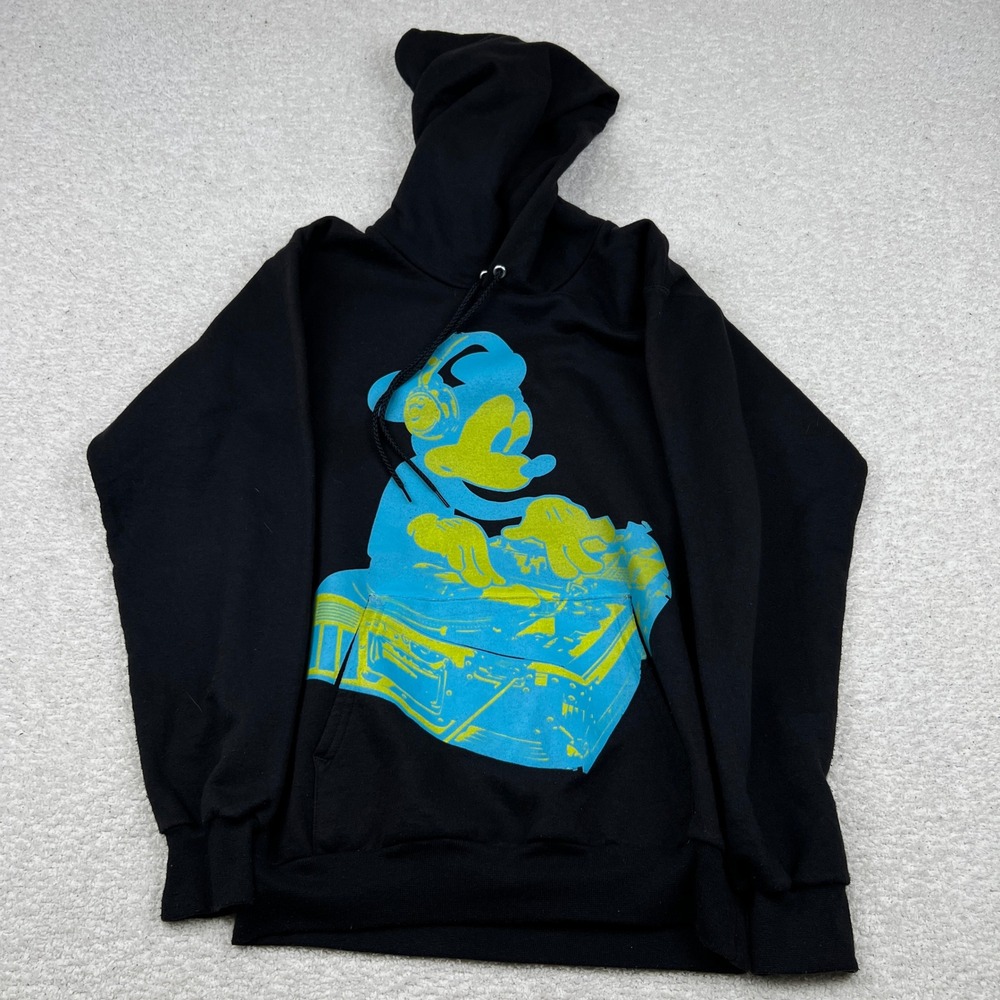 Walt Disney World Mickey Mouse DJ Hoodie Black‎ Graphic Pullover Small 60422